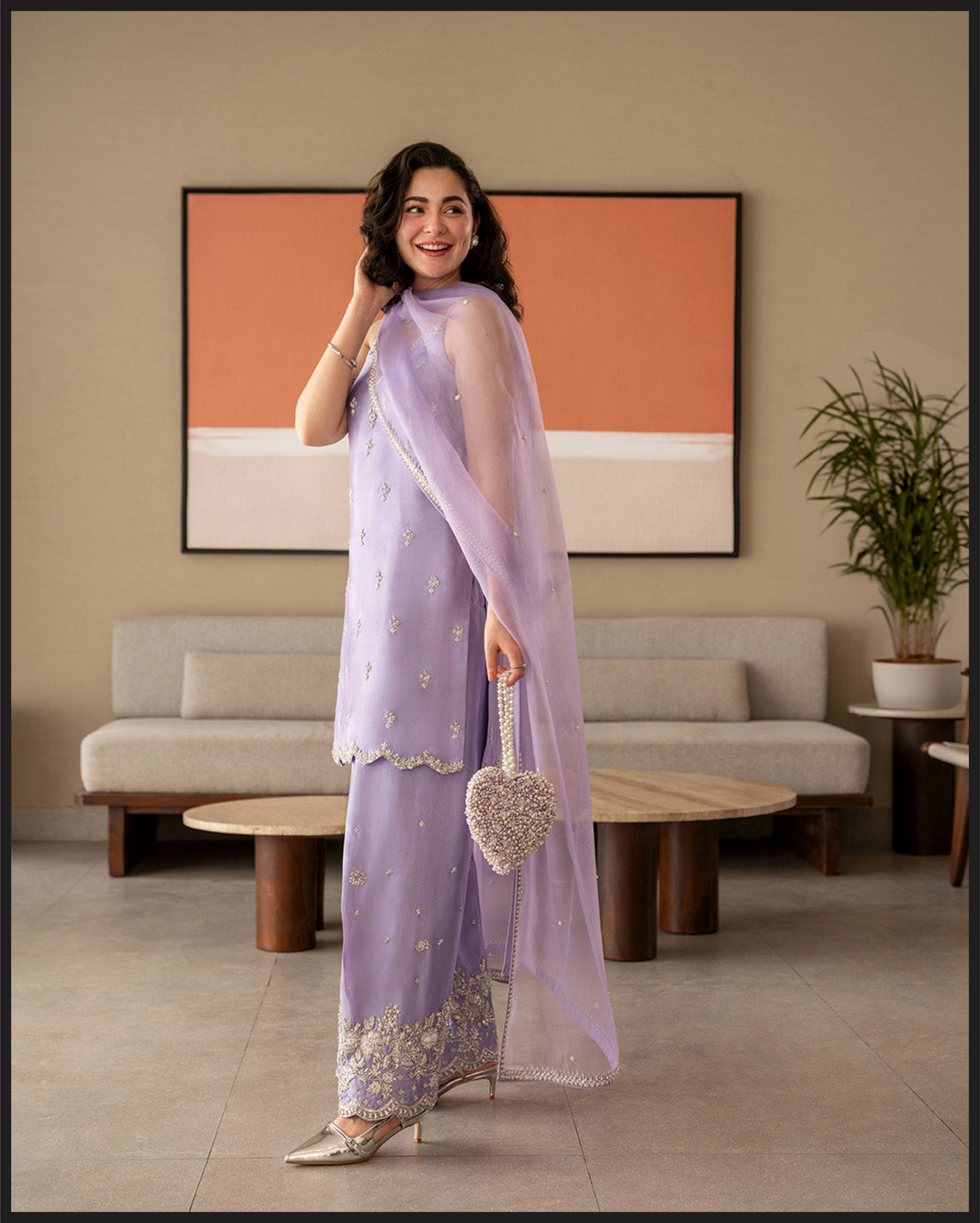 Elegant Lilac Embroidered 3-Piece Suit with Organza Dupatta