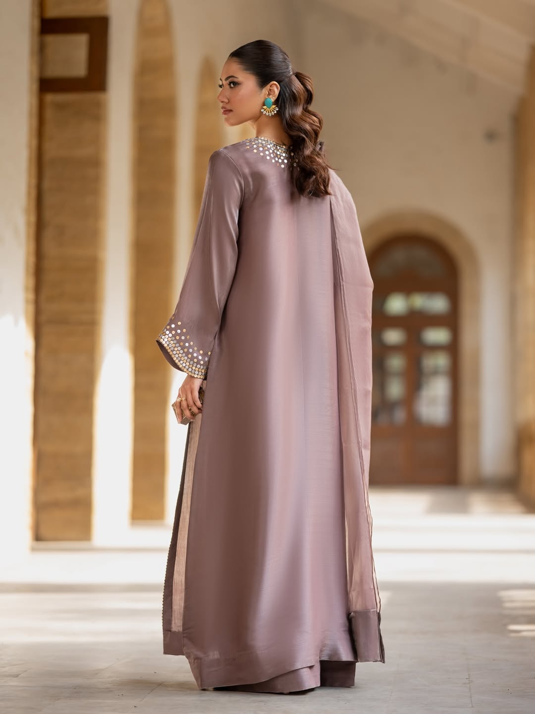 Elegant Taupe Silk 3-Piece Suit with Mirror Embellishments