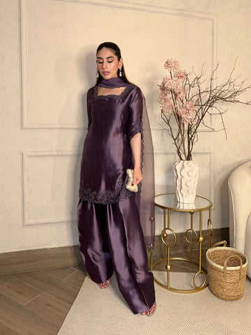 Elegant Plum Silk 3-Piece Suit with Lace Embroidery