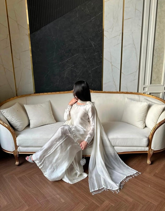 Elegant Ivory Silk 3-Piece Suit with Pearl Embellishments