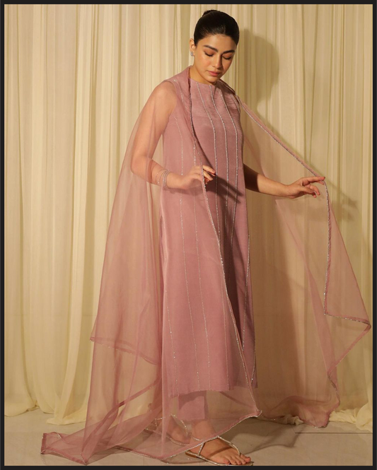 Dusty Rose Organza 3-Piece Suit with Crystal Embellishments