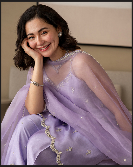 Elegant Lilac Embroidered 3-Piece Suit with Organza Dupatta