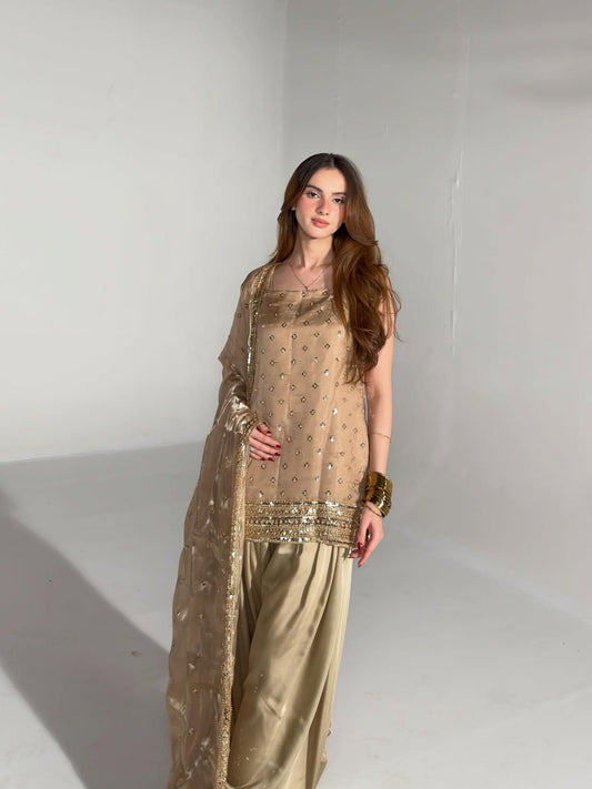Elegant Champagne Gold Embellished 3-Piece Suit