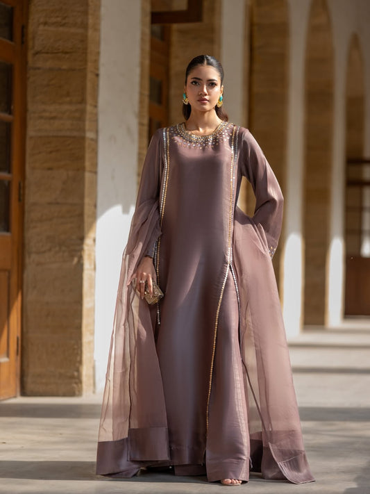 Elegant Taupe Silk 3-Piece Suit with Mirror Embellishments