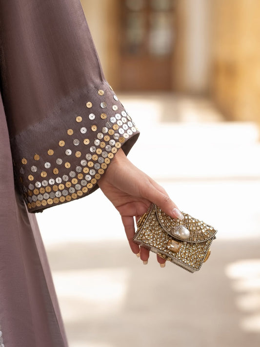 Elegant Taupe Silk 3-Piece Suit with Mirror Embellishments