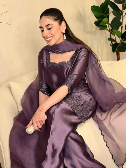 Elegant Plum Silk 3-Piece Suit with Lace Embroidery