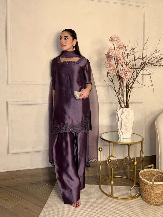 Elegant Plum Silk 3-Piece Suit with Lace Embroidery