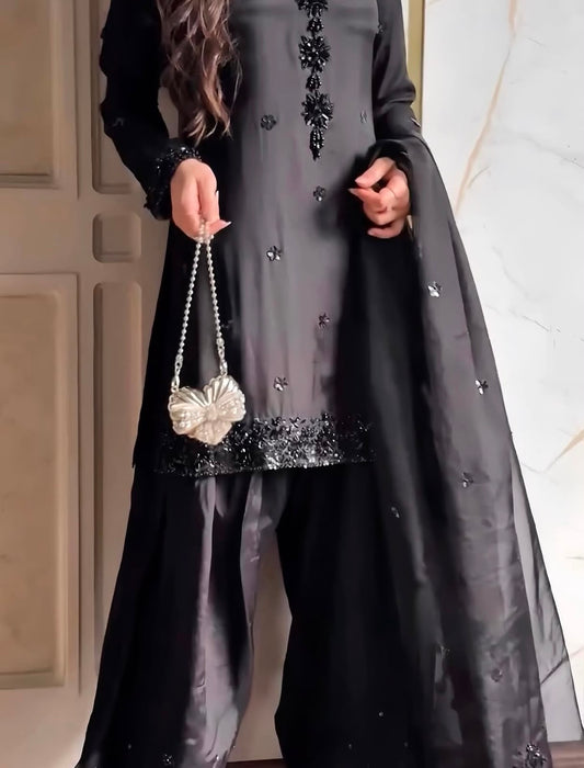 Elegant Black Embellished 3-Piece Suit with Organza Dupatta