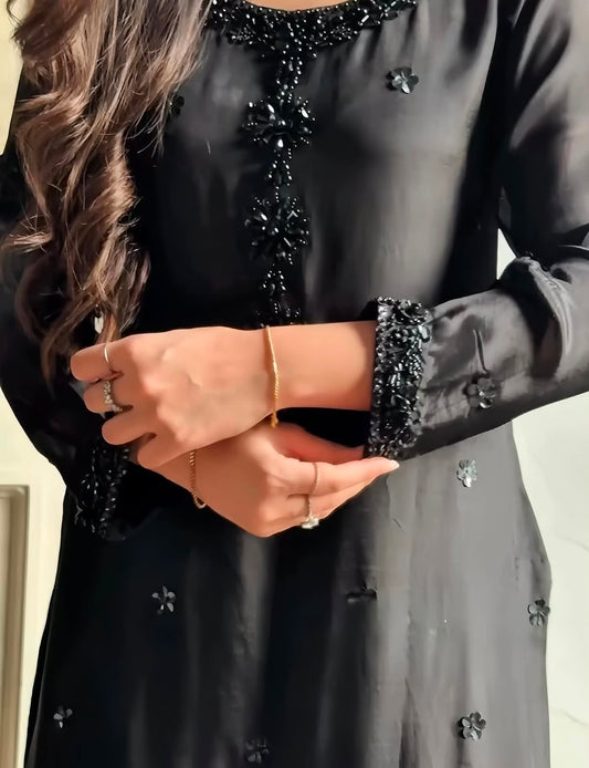 Elegant Black Embellished 3-Piece Suit with Organza Dupatta