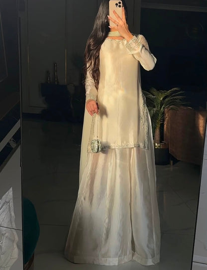 Elegant Ivory Silk 3-Piece Suit with Pearl Embellishments