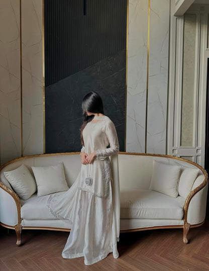 Elegant Ivory Silk 3-Piece Suit with Pearl Embellishments