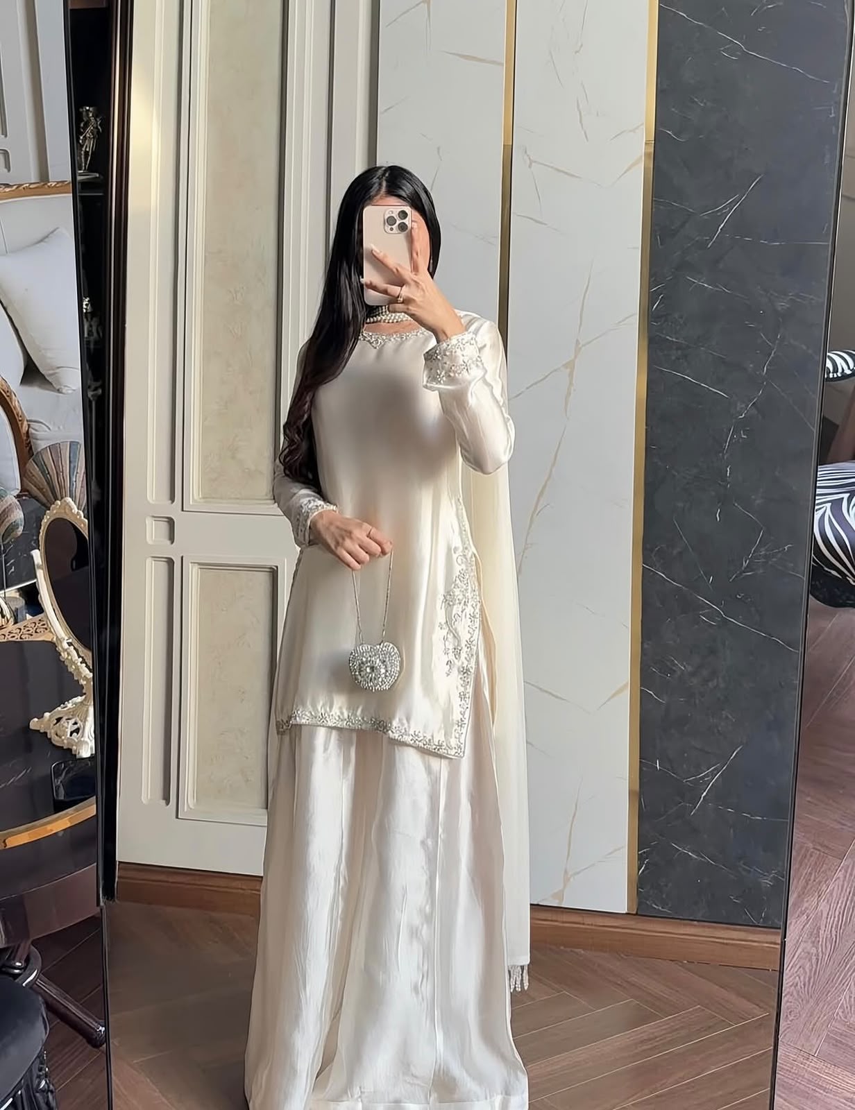 Elegant Ivory Silk 3-Piece Suit with Pearl Embellishments