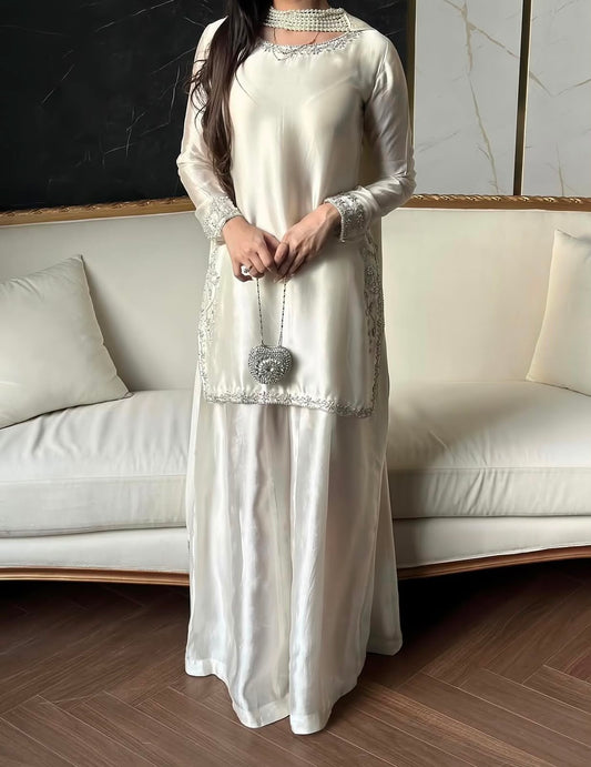 Elegant Ivory Silk 3-Piece Suit with Pearl Embellishments